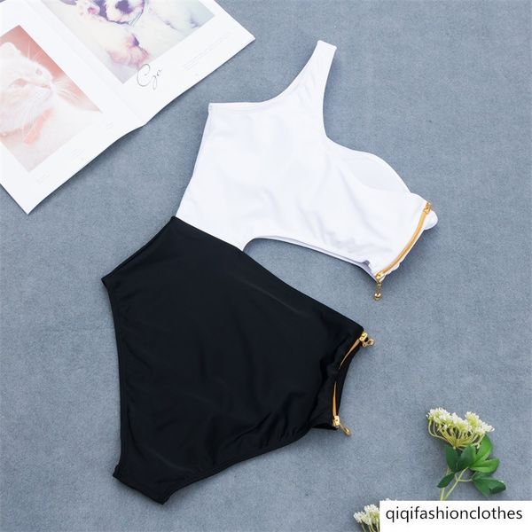 

shoulder waist open zipper one piece swimsuit for women, White;black