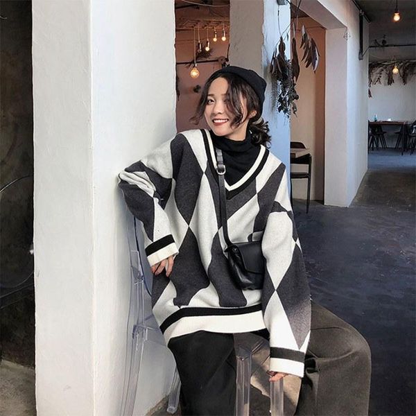 

women's sweaters ropa de mujer plaid pullover women 2021 spring korean loose casual temperament retro wild long sleeve v-neck pull femm, White;black