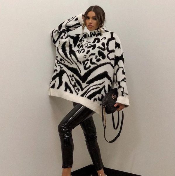 

zoulv 2021 thin turtleneck loose sweater dress women zebra knitted long sleeve autumn winter oversized jumper casual pullover, White;black