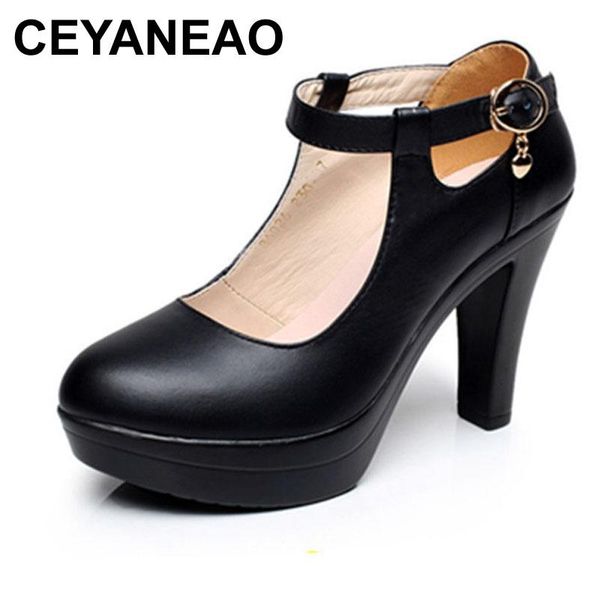 

ceyaneao quality women genuine leather shoes with heels2020platform mary jane shoes women pumps office work woman, Black