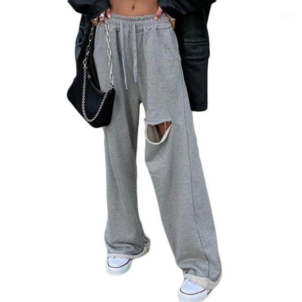 

autumn womens solid pocket jogger pants wide leg high waist running pants with hole long loose casual hip hop street trousers1, Black;white
