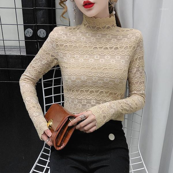 

women turtleneck lace blouses shirts female full sleeve hollow out solid elasticity elegant blouses girls 2020 winter1, White