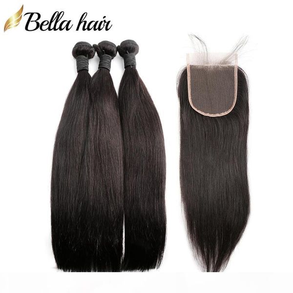 

top lace closure с связки indian remy девственницы человеческих волос уток 3шт + 1pc кружева закрытие 4x4 свободной части шелковистой прямой, Black