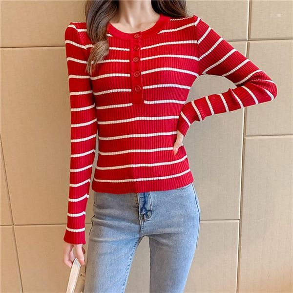

striped woman sweaters round neck long sleeve button slim knitted sweater women pullover 2021 autumn winter woman's jumper 1, White;black