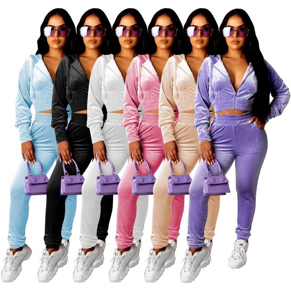 Tracksuits das mulheres primavera e verão nova moda cor sólida terno de lazer de veludo coreano dois pedaço