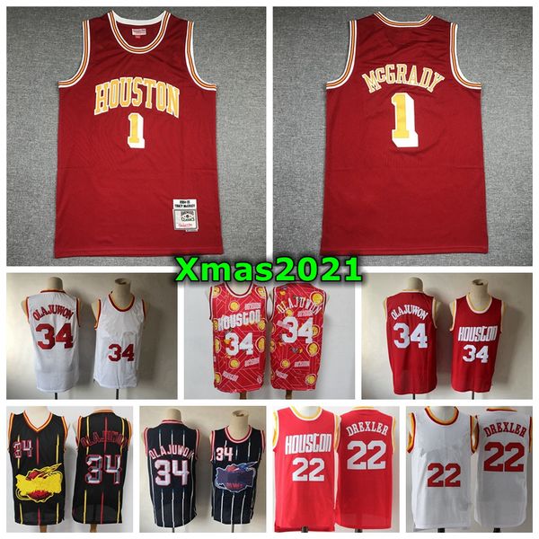 

vintage mens tracy 1 mcgrady mitchell ness red jersey stitched retro classic 34 hakeem olajuwon 22 clyde drexler 13 harden basketball jersey, Black;red