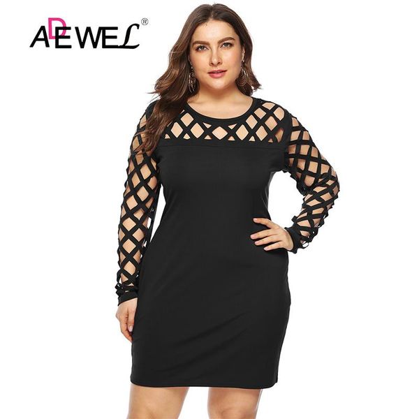 

adewel 2021 plus size hollow burnt flowers slim bag hip fashion a line dress long sleeve vestido de mujer dresses xl-4xl, Black;gray