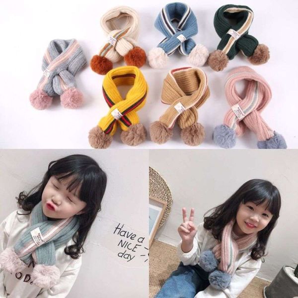 

wool children's winter korean men's knitting and women's baby color bar big ball cross scarf warm, Red;brown