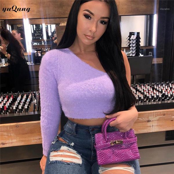 

yuqung women autumn and winter velvet one shoulder slope neckline t shirt long sleeve women's tshirt crop short shirt tees1, White