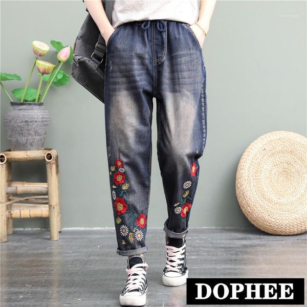

women's jeans women retro denim pants 2021 spring and autumn high waist straight plus size embroidery flower harem1, Blue