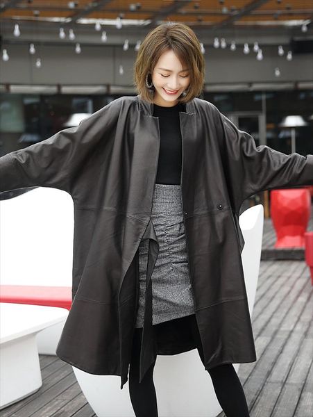 

black oversized leather jacket women batwing sleeve casual soft loose wrap coat plus size faux leather streetwear women