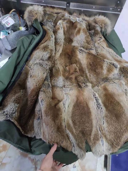 

fashion mukla furs brand brown rex rabbit fur lining army green cotton parkas thick snow coats with brown raccoon fur trim, Black