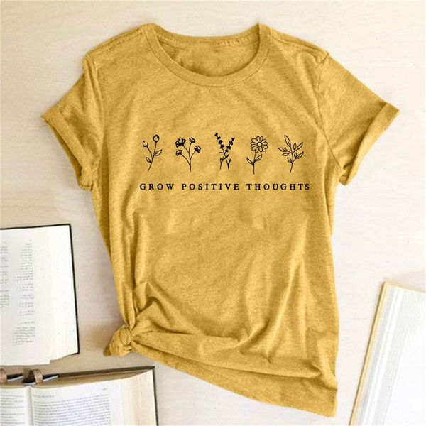 

grow positive thoughts womens t-shirt flowers printed t-shirts women clothing summer tshirts cotton harajuku graphic shirt aesthetic, White