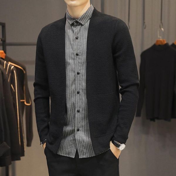 

sweater men's 2020 autumn korean version fashion fake two-piece cardigan slim-fit business casual lining knitwear, White;black