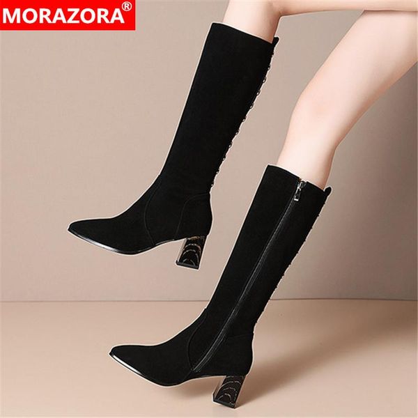 

morazora 2021 new arrival knee high boots genuine leather boots women thick high heels pointed toe black color winter