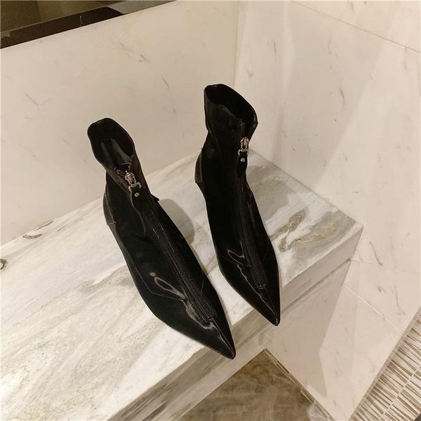 

boots skinny women's fall 2021 sharp point versatile front zipper fashion ins slim heel mesh red mid short, Black