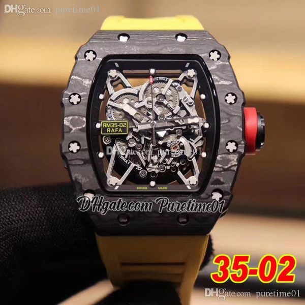 

2022 black carbon fiber miyota automatic mens watch skeleton dial red crown yellow rubber strap super edition watches puretime01 3502cf-f6, Slivery;brown
