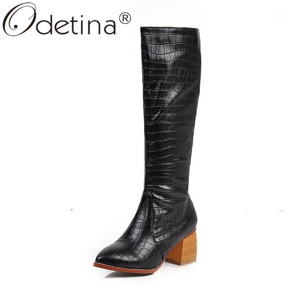 

boots odetina fashion women's elegant chunky block high heel knee winter snakeskin half ladies autumn zip up comfort1, Black