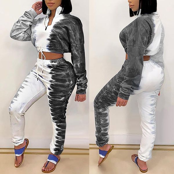 

fashion women tie-dye printing stand-up collar sweatshirt two-piece sets sweatshirt racksuit 2pcs set1, Gray