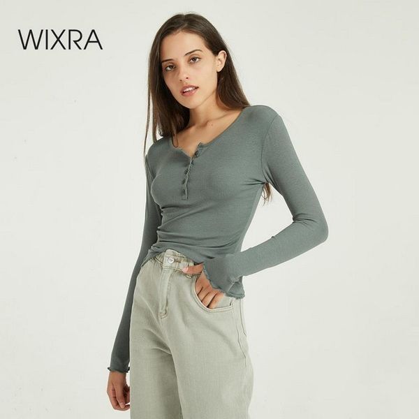

wixra women soft t shirts ladies slim long sleeve o neck basic long sleeve tee autumn spring button casual 201125, White