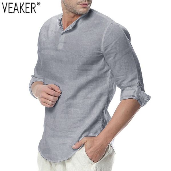 

2019 new men's casual linen shirts male mandarin collar v neck cotton linen shirt spring autumn long sleeve flax shirts y0104, White;black