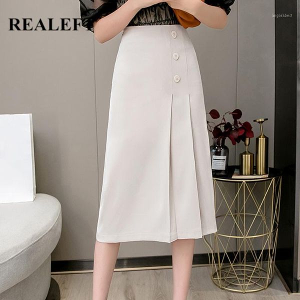 

realeft spring summer 2020 formal style women midi skirts button high waist tulle a-line knee-length pleated skirt female1, Black