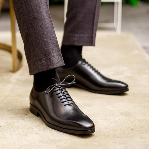 

new classic pointed toe man welted shoes genuine leather formal dress oxfords handmade heels wedding party men's flats ss665, Black