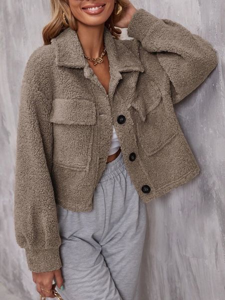 

flap pockets single breasted teddy jacket o4lr#, Black;brown