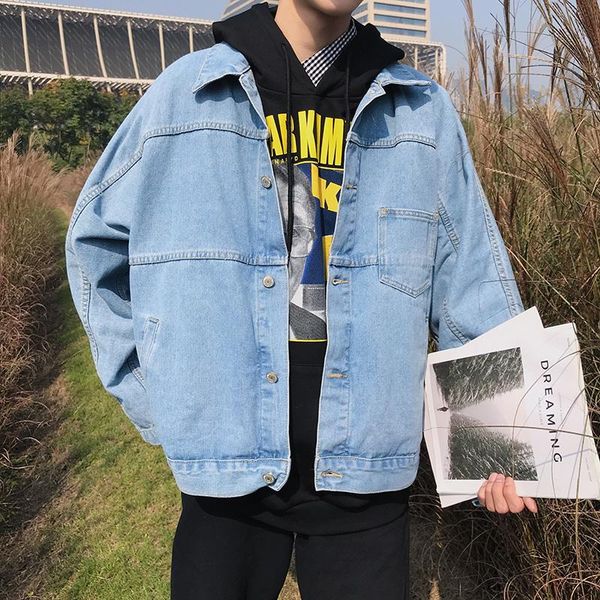 

autumn winter new patchwork color contrast casual loose youth style collared single-breasted men's denim jacket clothes, Black;brown