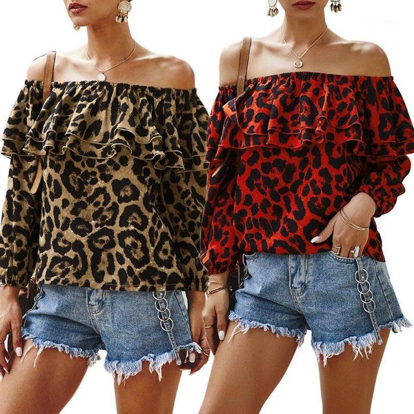 

womens autumn long sleeve layered off the shoulder flounce ruffle pullover vintage leopard print loose blouse1, White