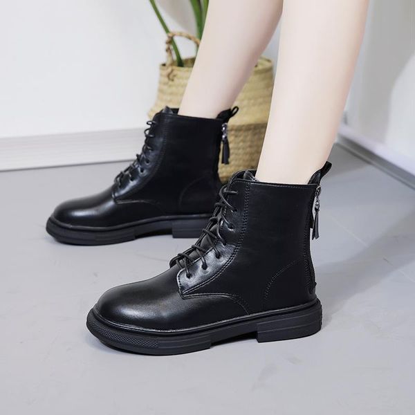 

boots women winter motorcycle leather platform thick heel zip lace up shoes plush warm ankle snow, Black