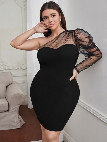 

plus contrast dobby mesh gigot sleeve one shoulder bodycon dress 93rv#, Black