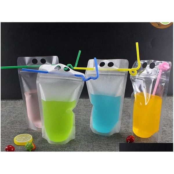 

500ml transparent self-sealed plastic drink packaging bag pouch for beverage juice milk coffee, with handle and holes for straw fmyc3