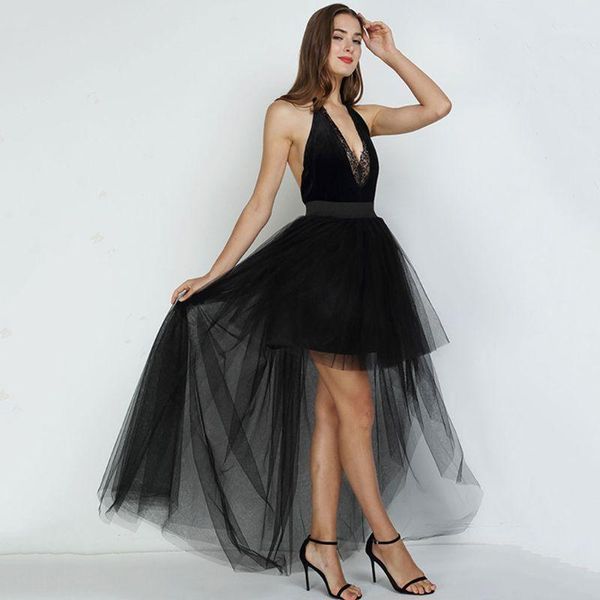 

womens mesh high waist pleated fluffy maxi dovetail tutu skirt layered tulle high low asymmetric dance party a-line petticoat1, Black
