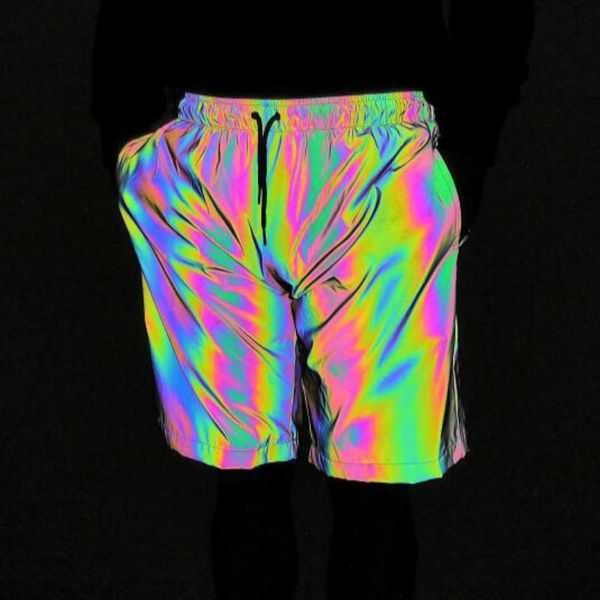 

rainbow gym sport shorts men reflective light cargo joggers casual hip hop dazzling plus size loose elastic waist short pant, White;black