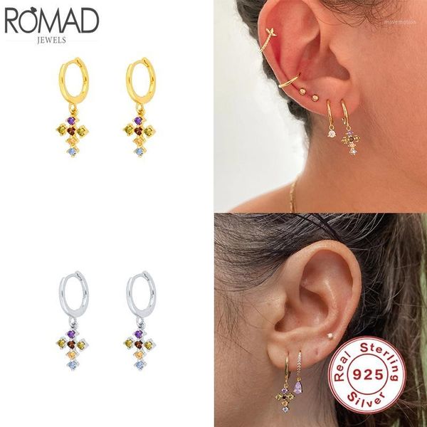 

romad luxury 925 sterling silver dangle earrings colorful cz cross drop huggie earrings for women fine jewelry pendientes w51, Golden;silver