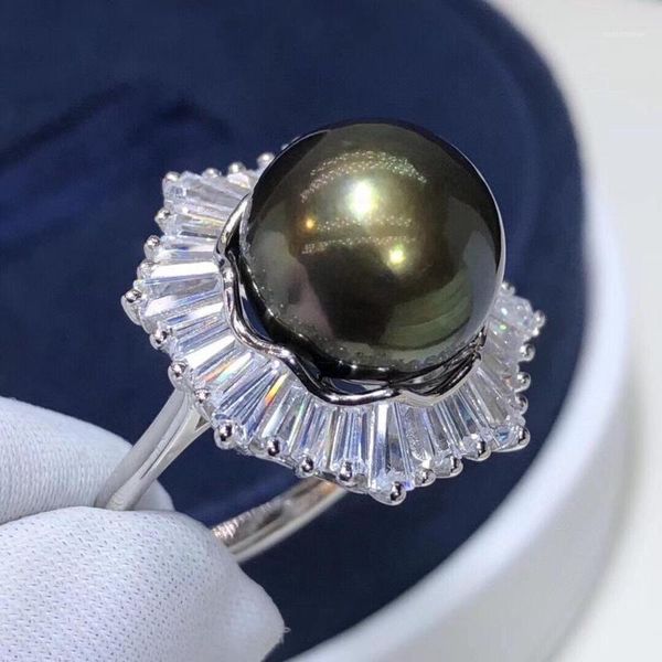 

cluster rings d517 pearl ring fine jewelry 925 sterling silver round 11-12mm fresh water peacock green pearls for women present1, Golden;silver