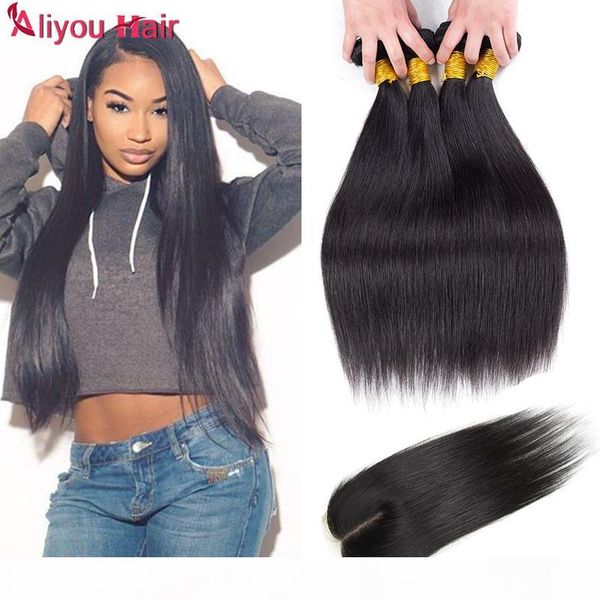 

peruvian straight virgin hair with closure 8a unproessed virgin peruvian human hair weaves closure 4 bundles with lace closure natural color, Black;brown