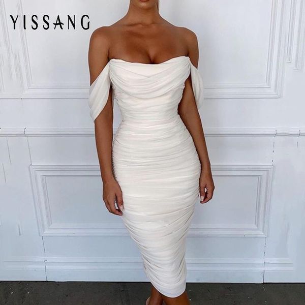 

casual dresses yissang draped off shoulder double layer mesh white dress women pleated long party elegant night club bodycon, Black;gray