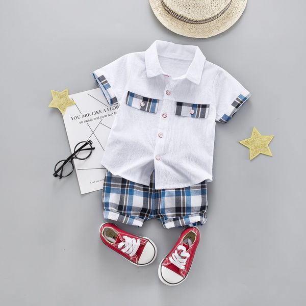 

infant boys summer baby plaid gentleman cotton turn-down shirt kids boy clothing set 1 2 3 4 years c1016, White