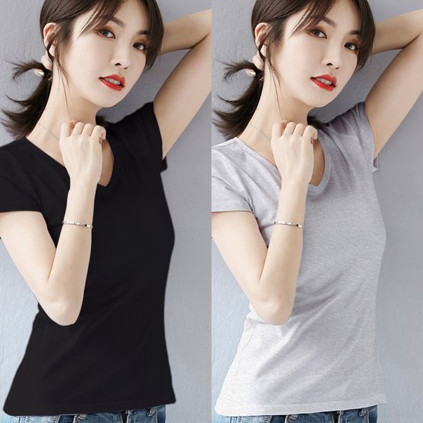 

ykbxb spring pure women's short sleeve slim fit cotton t-shirt cotton v tight fitting sleeve 2020 new fashion women's half t-shirt, White