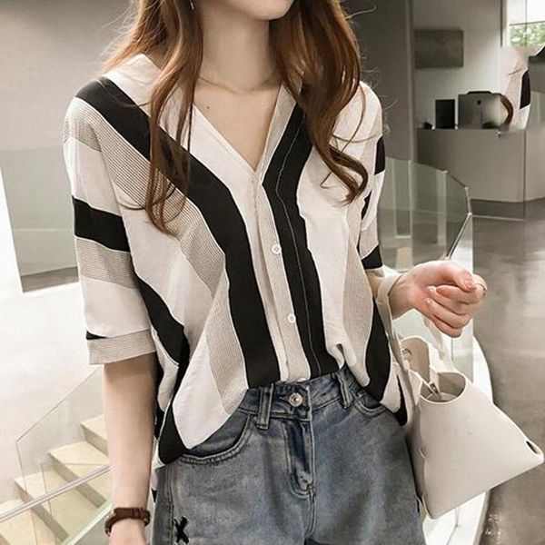 

women blouse short sleeve ladies v-neck casual spliced striped shirts ladies women's blouse office work shirt, White