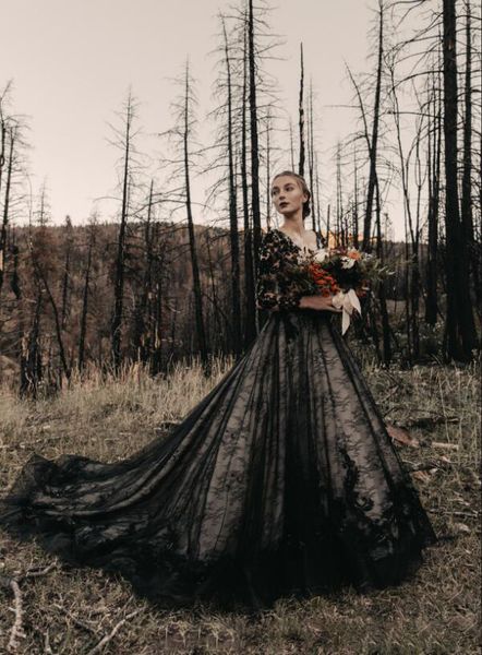 

gothic full black long wedding dresses a line long sleeves v neck court train vintage bridal gowns 2021 plus size wedding wear, White