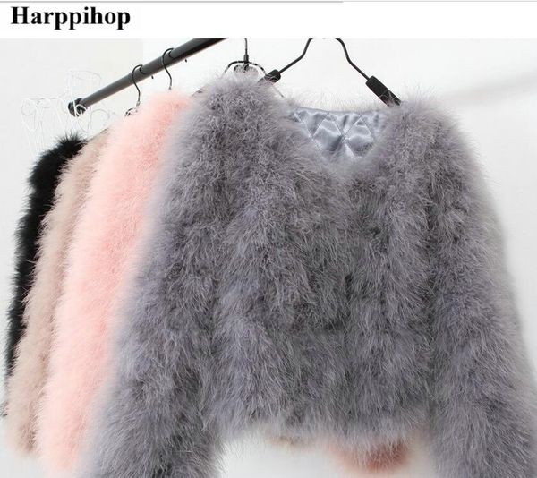 

harppihop 13 colors fashion ostrich wool turkey fur women coat feather short plus size jacket winter festival long sleeve 201028, Black
