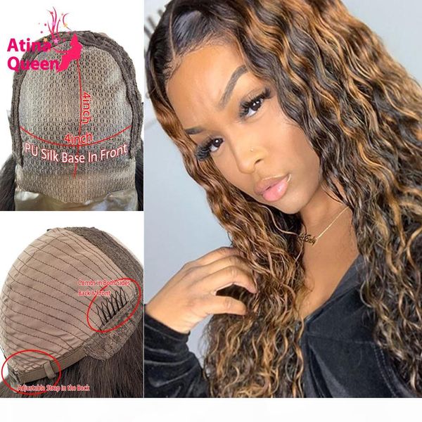 

ombre 4x4 pu skin closure wig water wave pre plucked bleached knots silk base honey blonde lace front wigs preplucked remy, Black