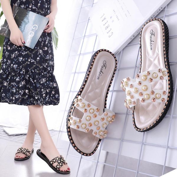 

slipper slippers women wear flat bottom water drill, summer leather sand shoes fashion outdoor drag1, Black;grey
