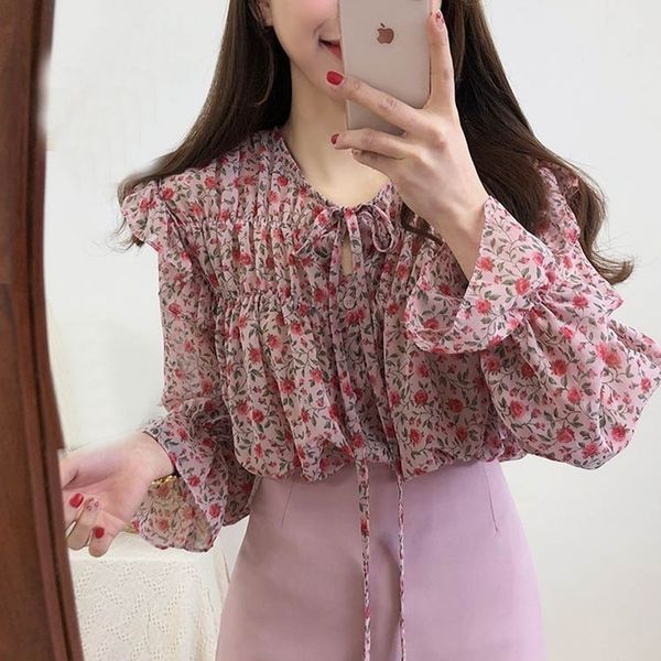 

floral chiffon blouse ruffle bow shirts women long sleeve v neck boho chic spring kawaii black blusa branca pink camisas y200828, White