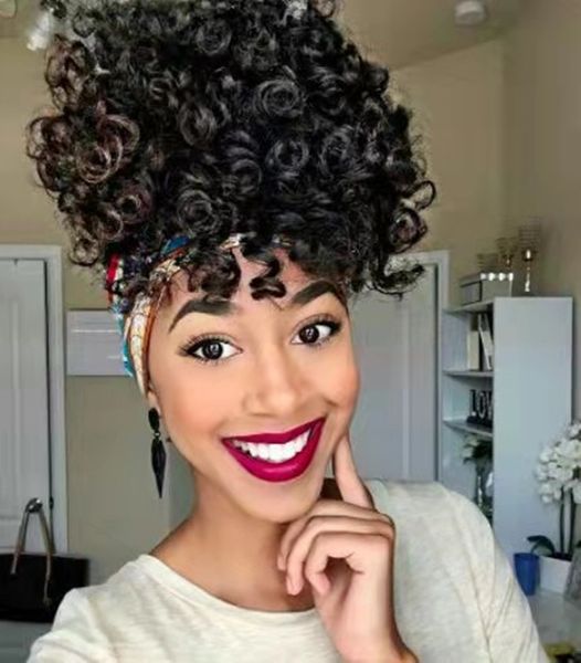 Zarif Afrika Amerikan Yüksek Puf At Kuyruğu 2 Kliplerle Yüksek Wrap Updo Hairpieces Kinky Kıvırcık Afro Bun Siyah Kadınlar Için 140g