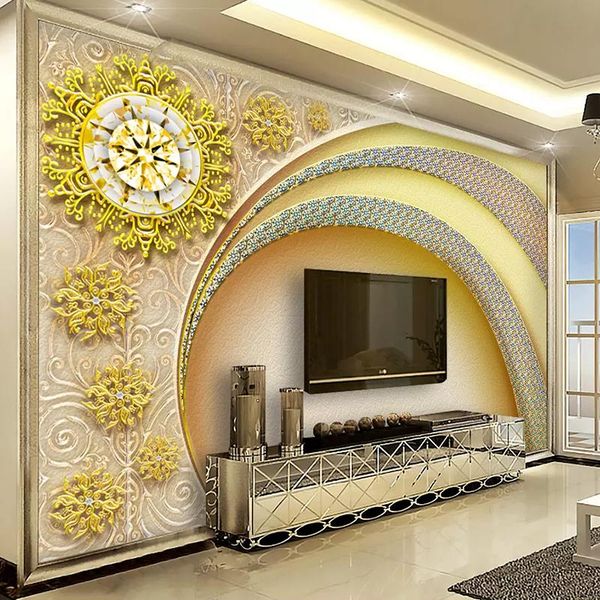 

wallpapers custom european diamond arch golden flowers waterproof wall cloth living room background decoration wallpaper 3d mural