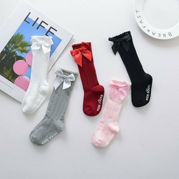 

baby socks 0-4y kids baby girls knee high long soft cotton warm socks letter print bow winter basic autumn spring y201009, Pink;yellow